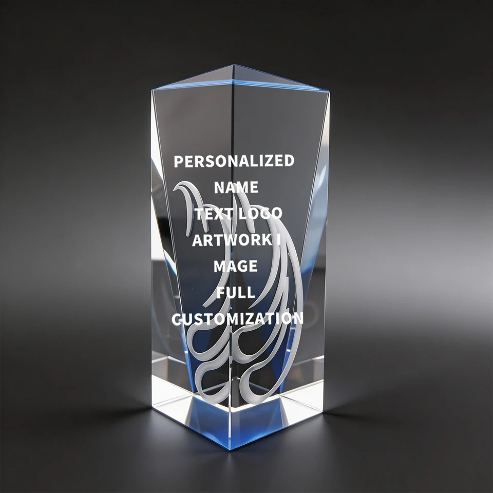 Blue Edge Tall Prism Custom Crystal Trophy high quality